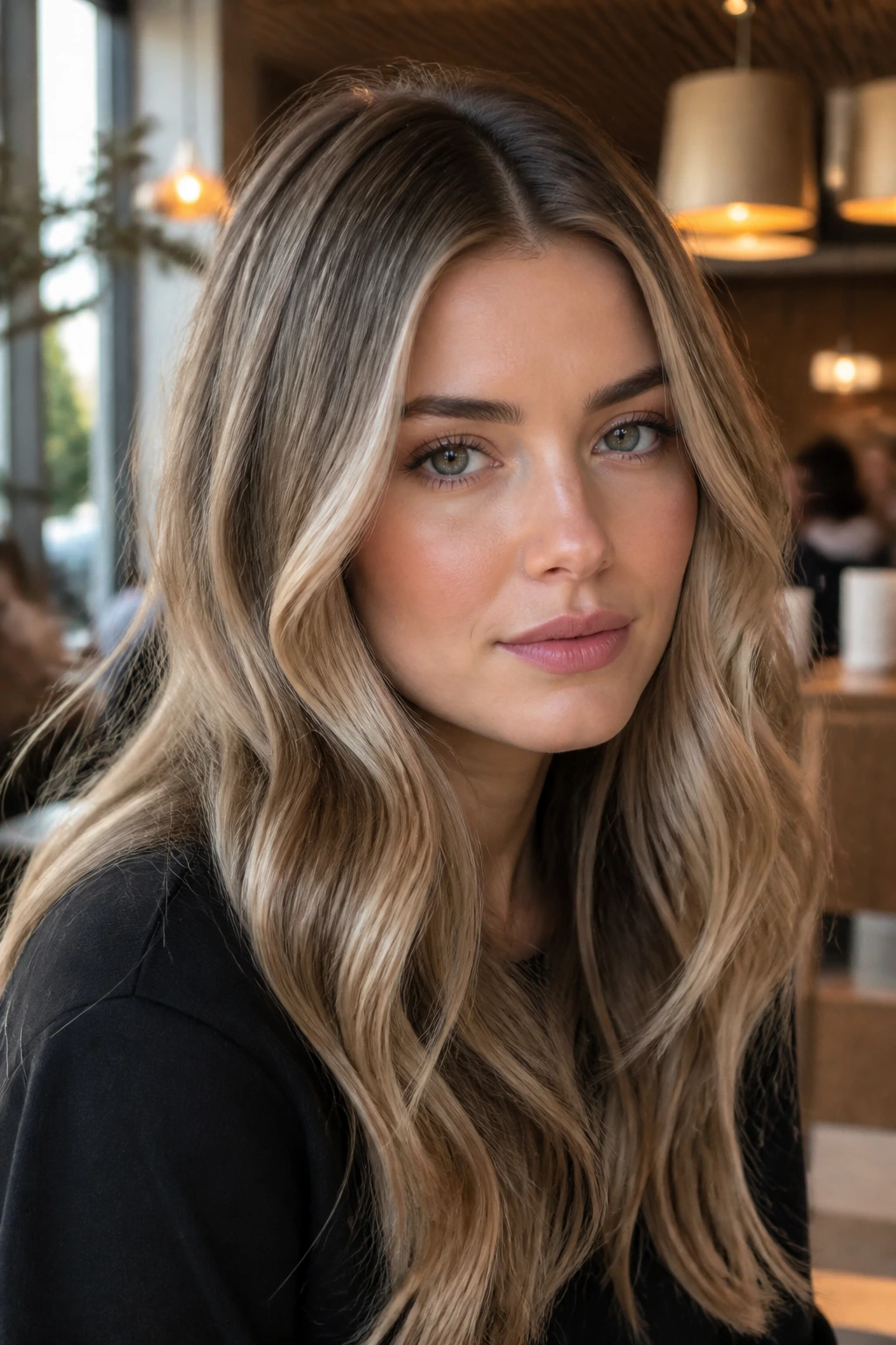 Close-up of a person with ash bronde balayage and shadow root