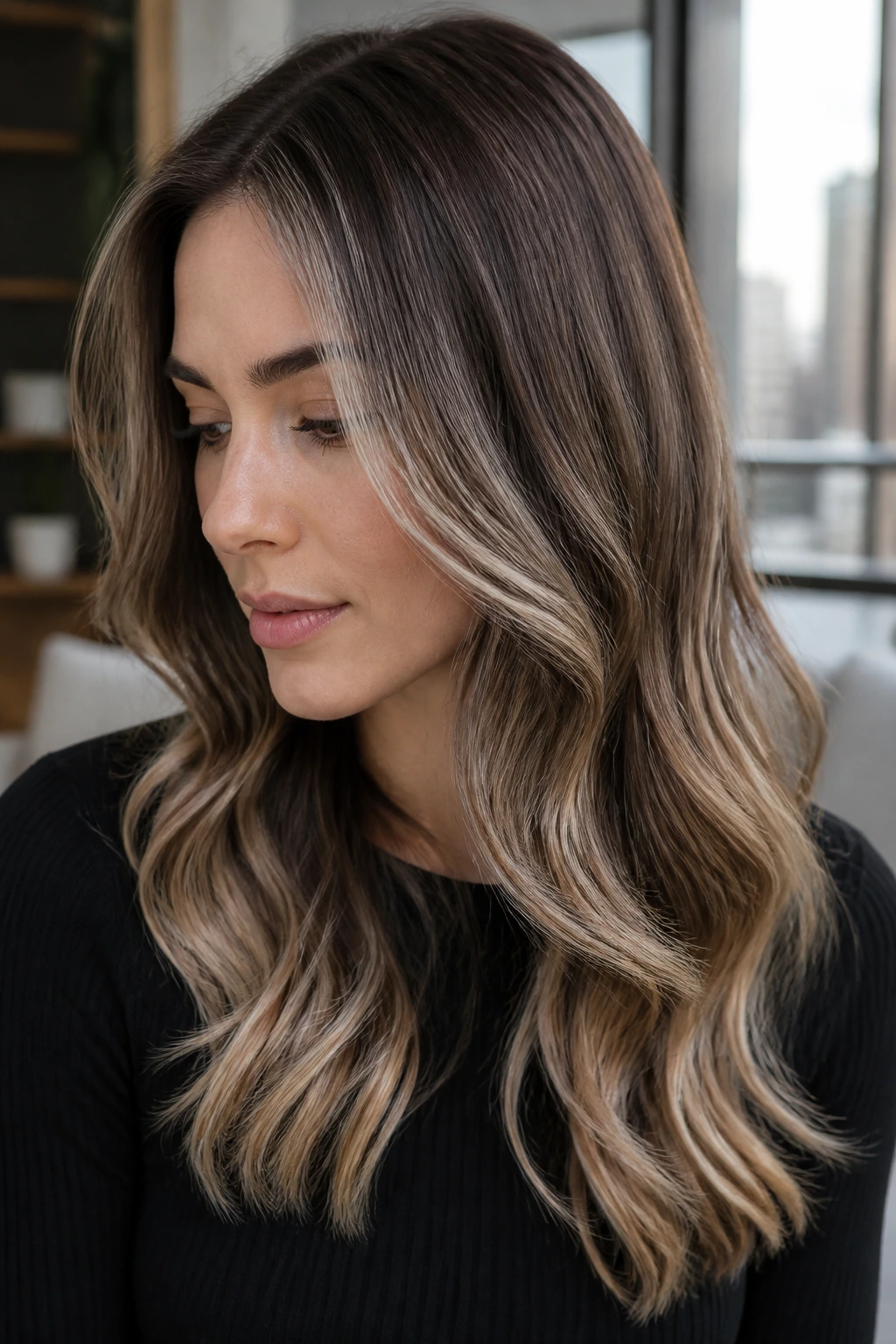 Close-up of hair with ash brown balayage and caramel ribbons