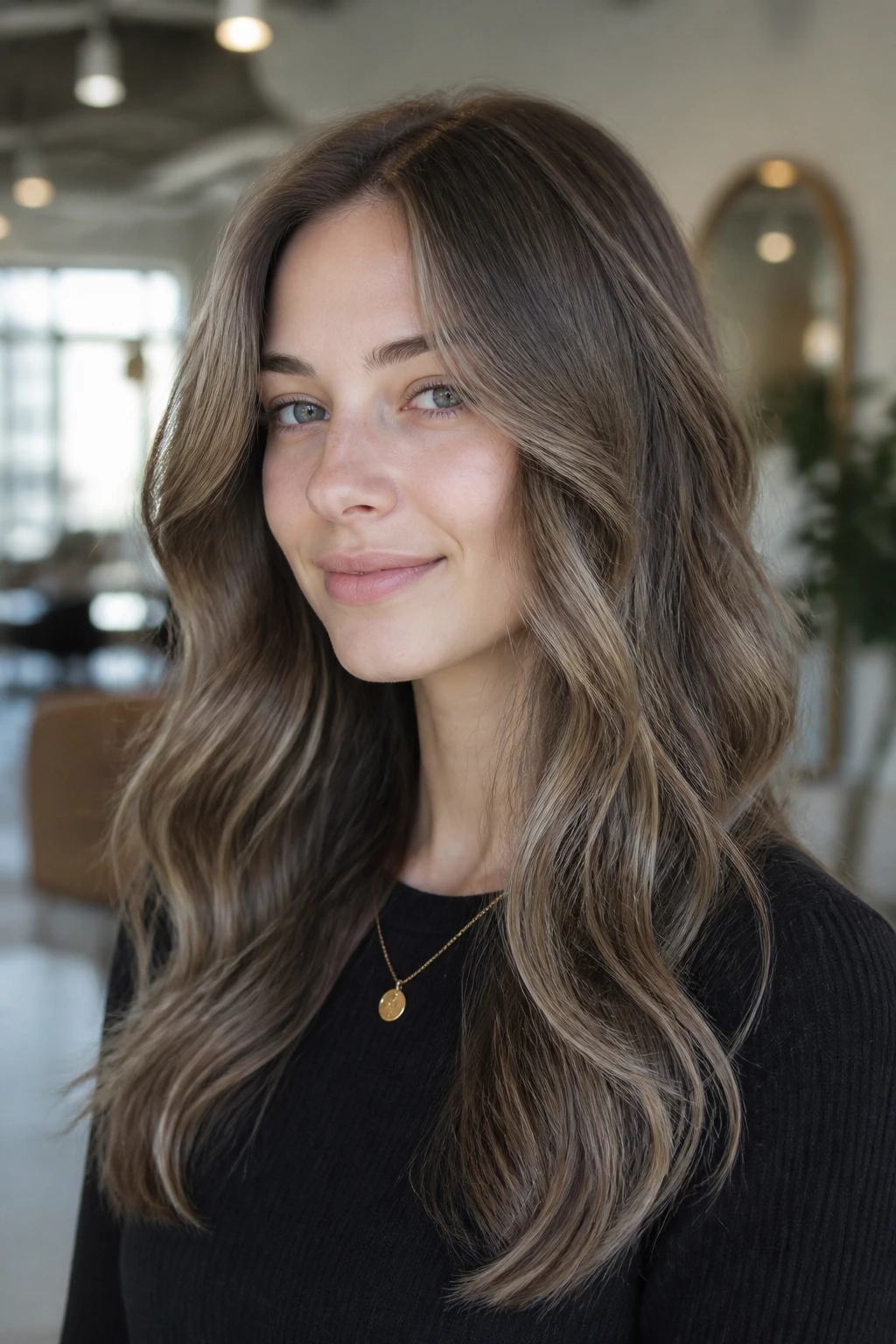 Portrait of a woman with ash brown balayage on wavy hair with cool skin.