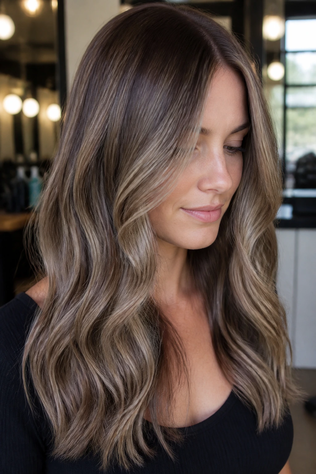 Close-up portrait of a real woman with ash brown balayage and subtle whisper lights on cool skin