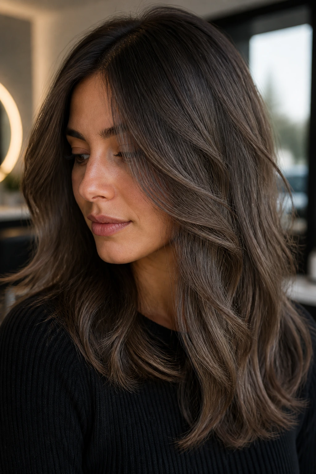 Brunette with deep base brown and subtle ash undertones in soft lighting