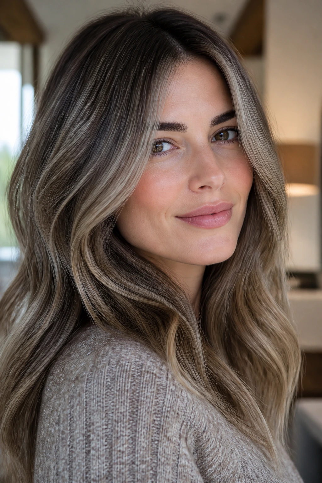 Close-up of a real person with ash brown and beige blend in hair