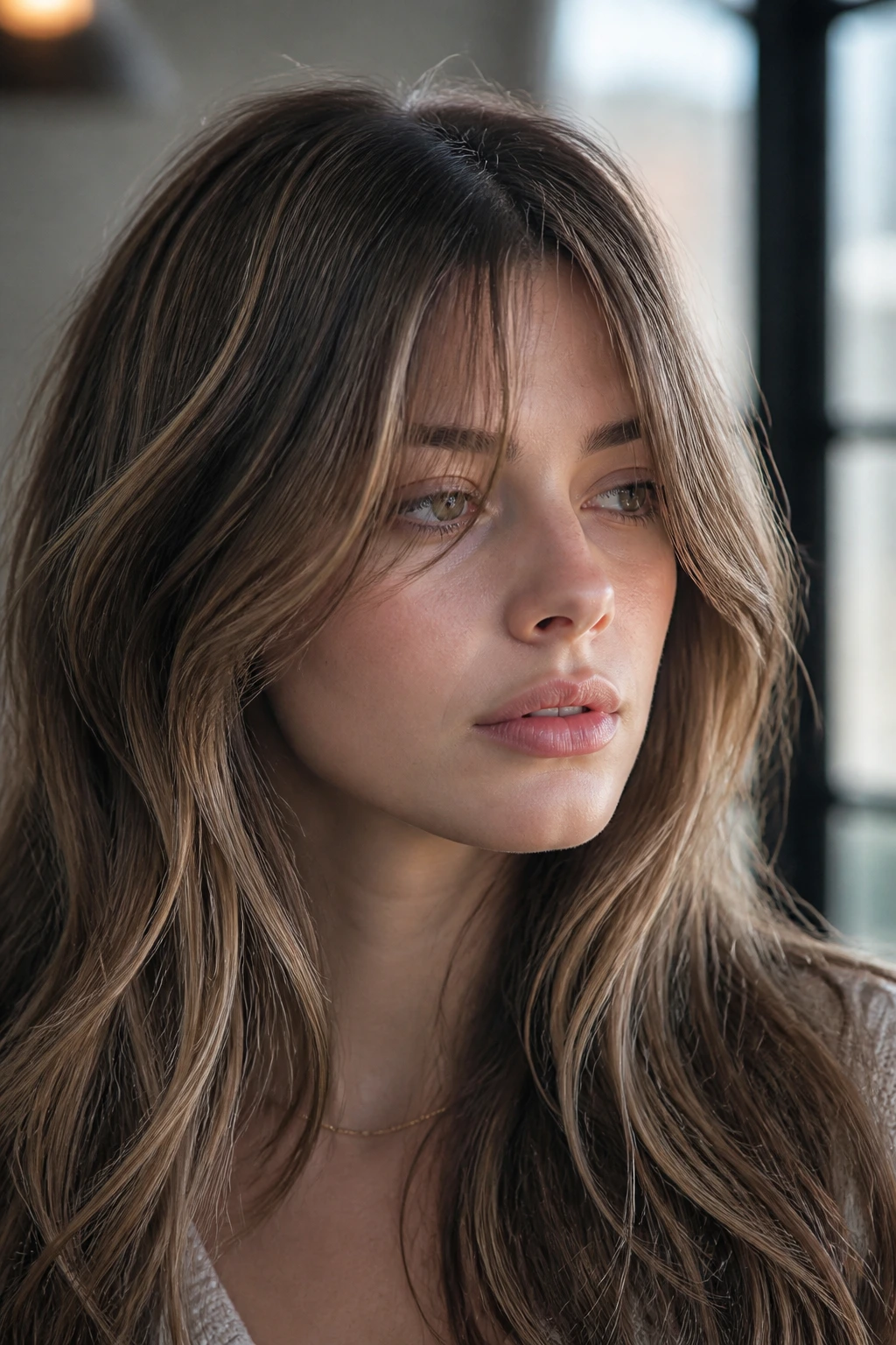 Real woman with ash brown hair and beige ribbons in bangs