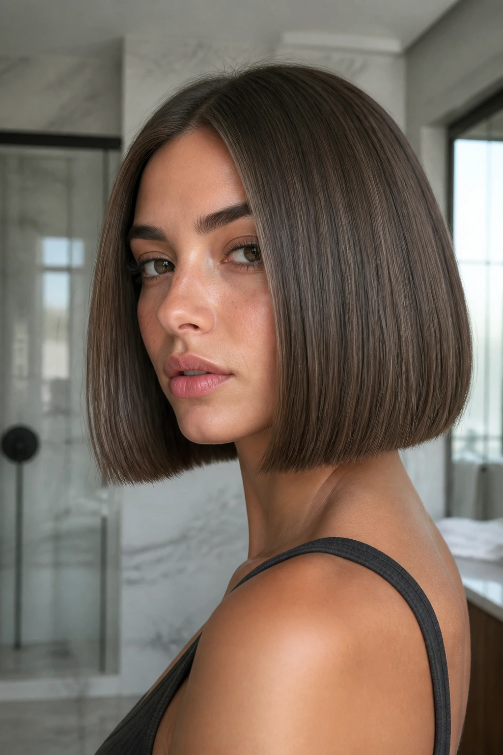 Portrait of a woman with ash brown blunt bob