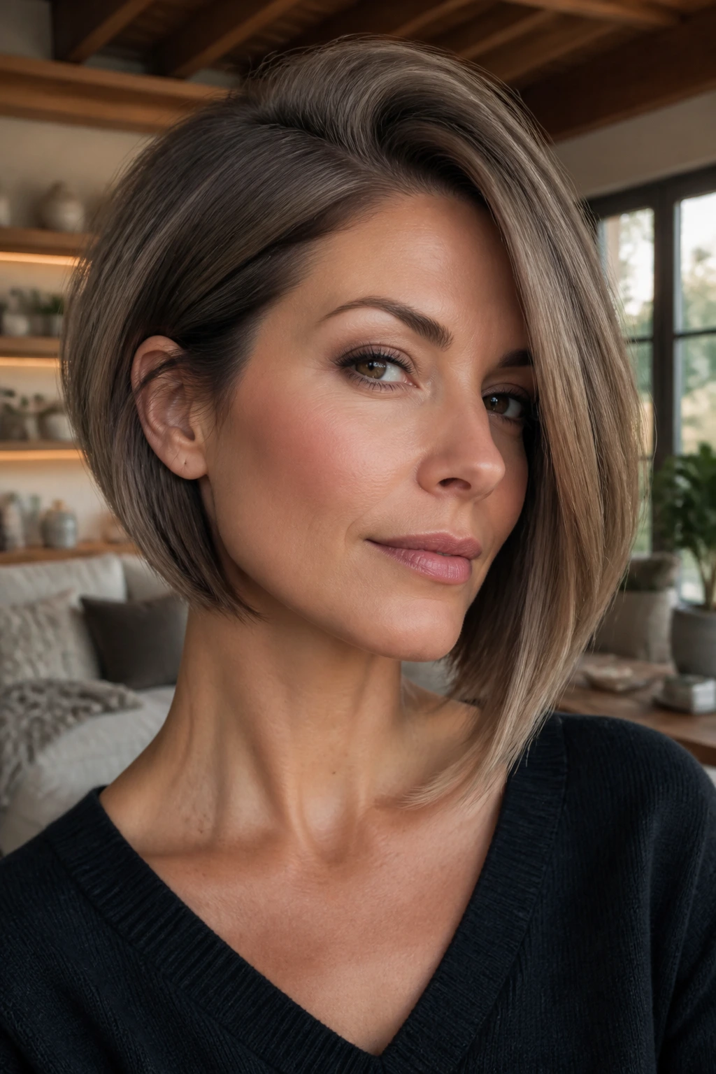 Close-up portrait of a real woman with an asymmetrical ash bob and a deep side part