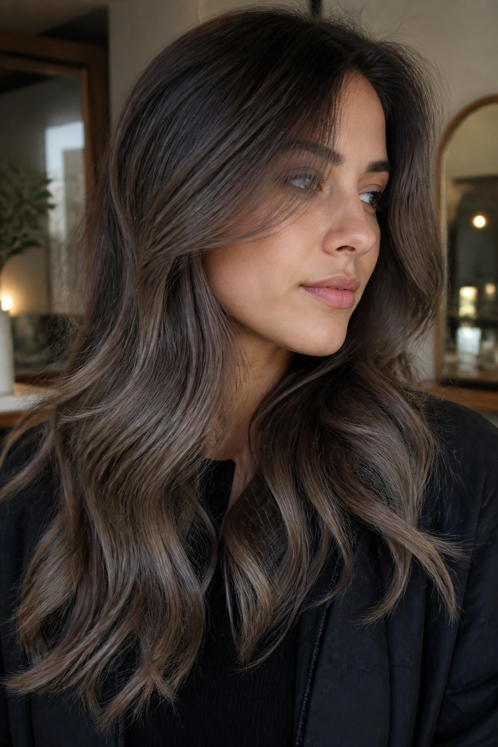 Close-up of brunette hair with ash brown tones and depth