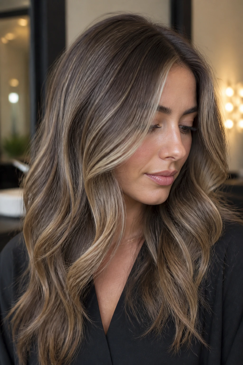 Ash brown hair with champagne veil highlights on brunette