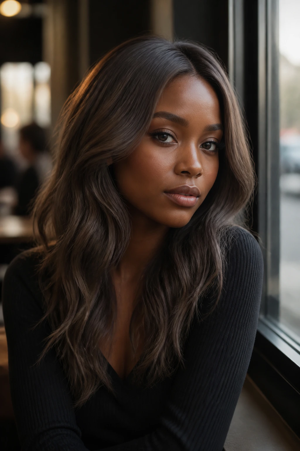 Close-up portrait of a real person with ash brown hair in a cool, smoky look