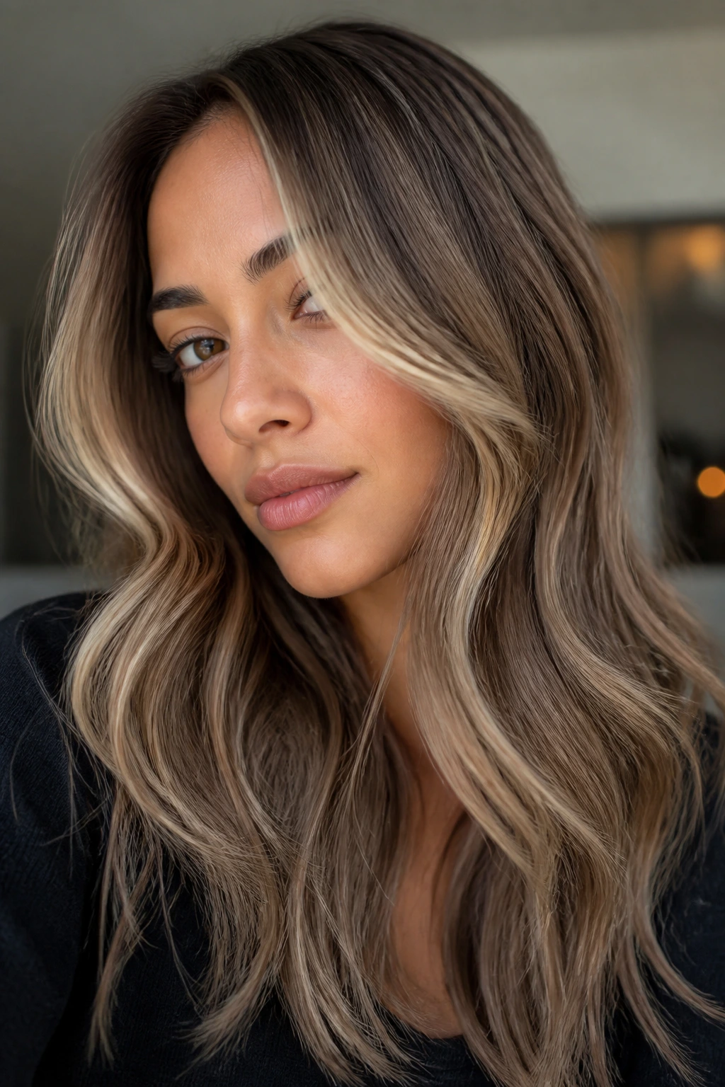 Close-up of ash brown hair with cream highlights on olive-toned skin.