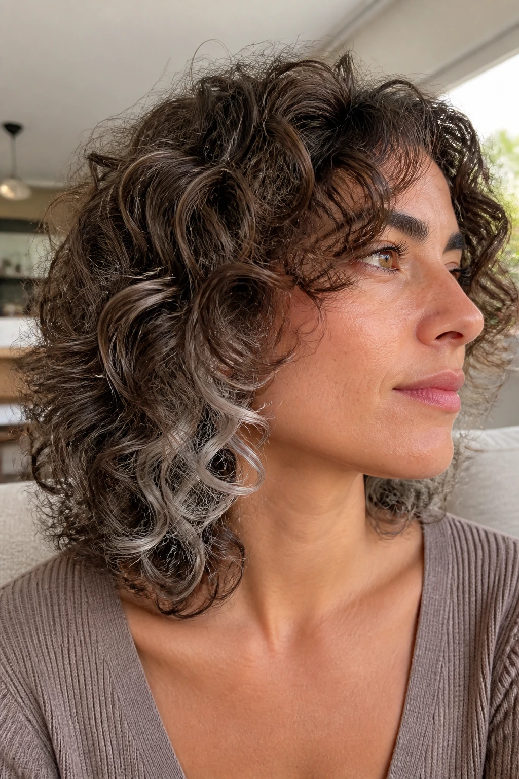 Close-up portrait of a real woman with ash brown curls and frosted underlayer on olive skin in bright daylight