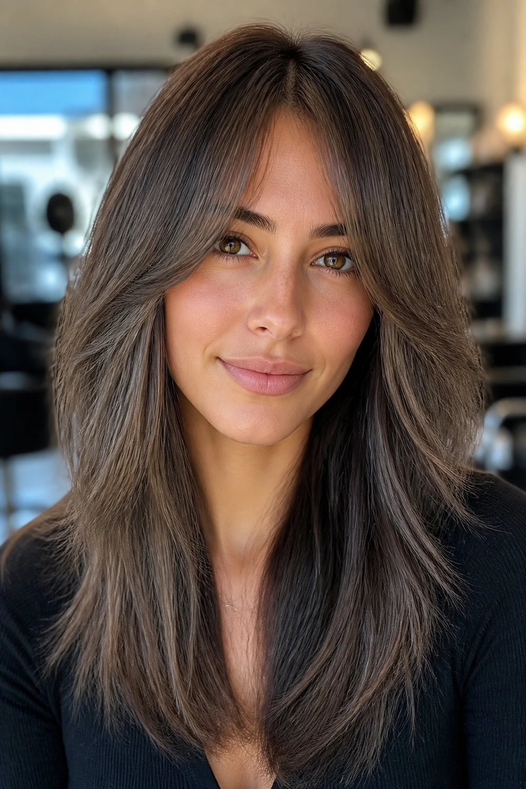 Close-up of a real woman with ash brown curtain bangs framing the face
