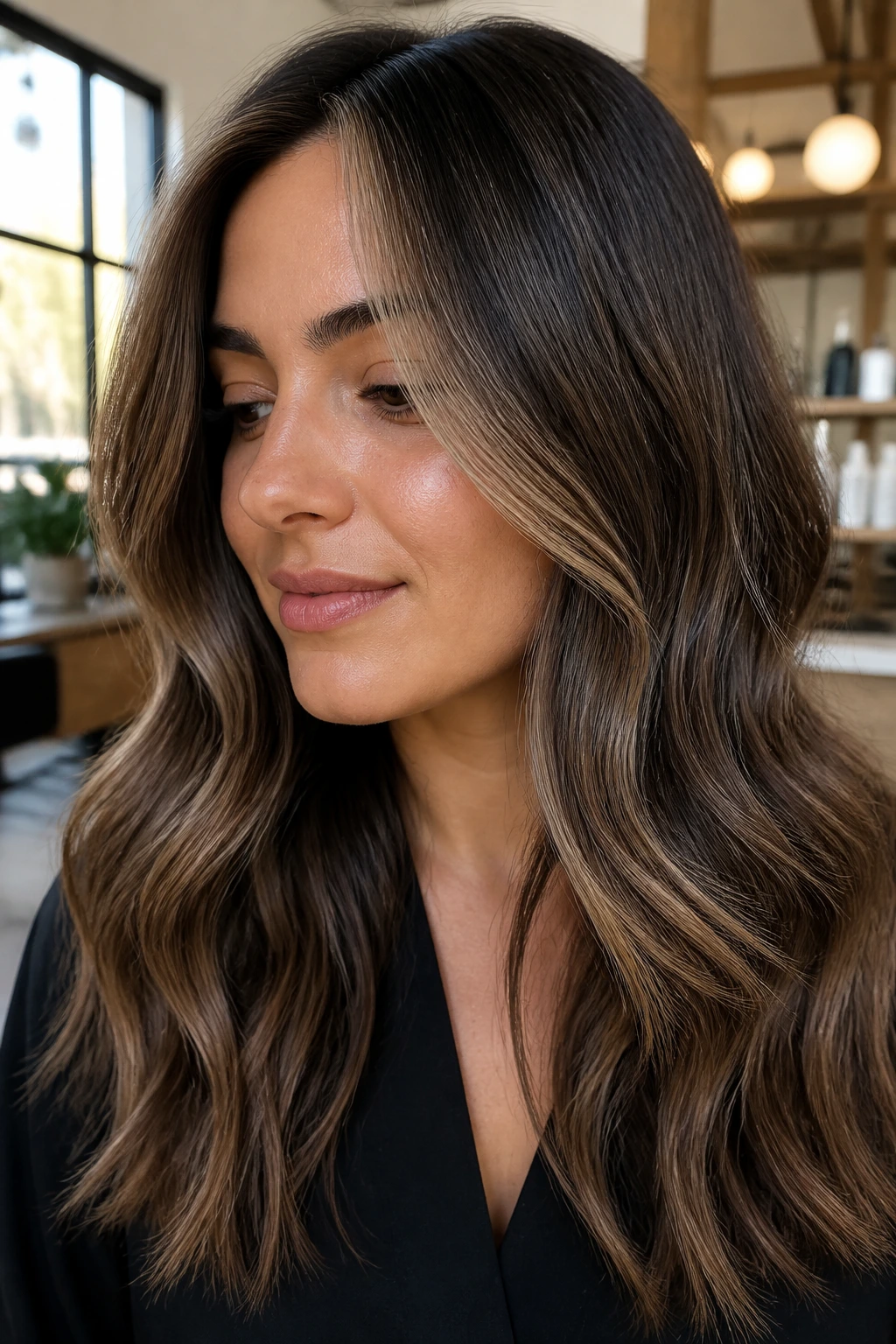 Close-up brunette with ash brown depth and beige caramel highlights