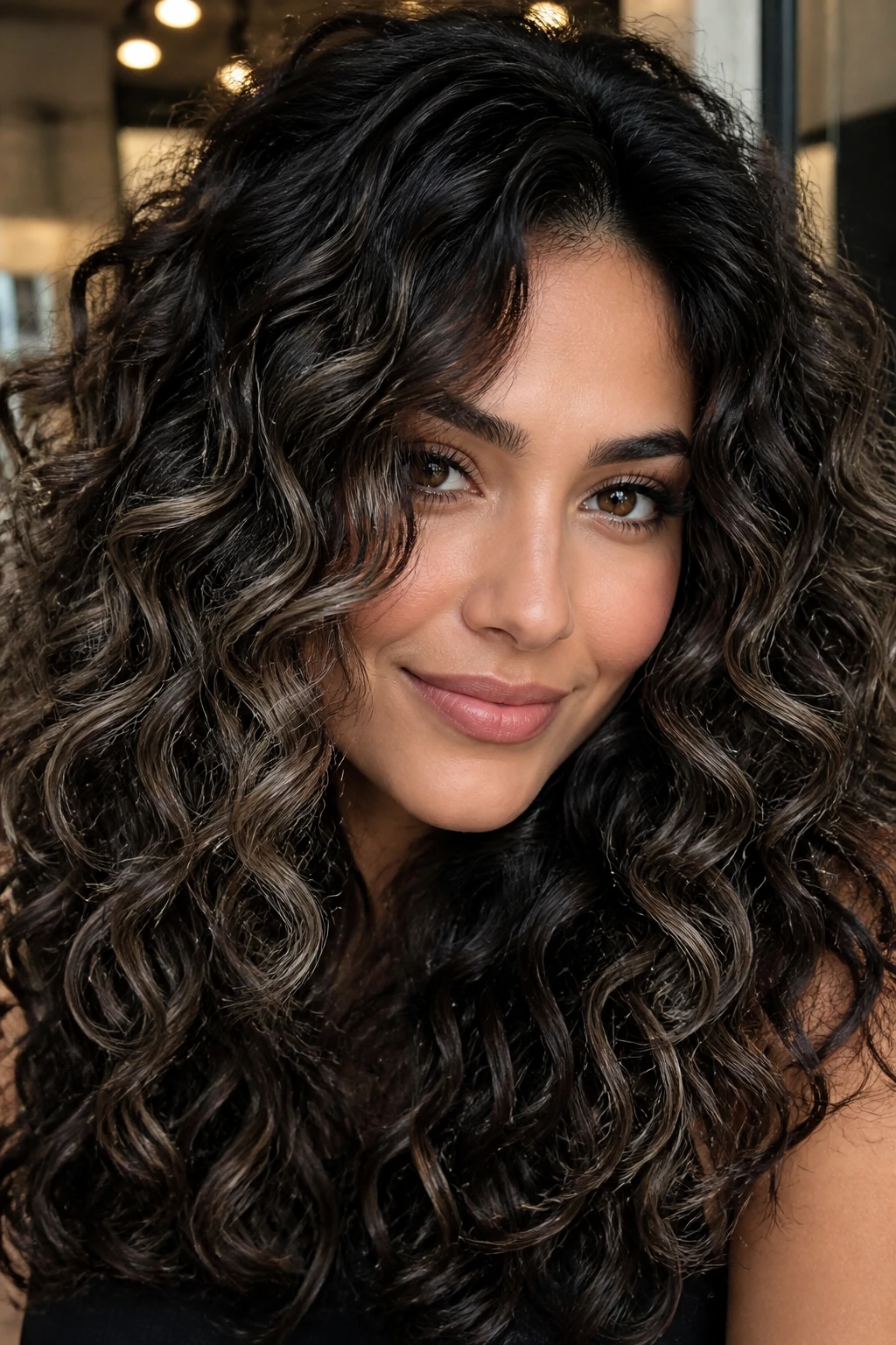 Close-up portrait of a real woman with ash brown ribbons in dark curls under natural daylight