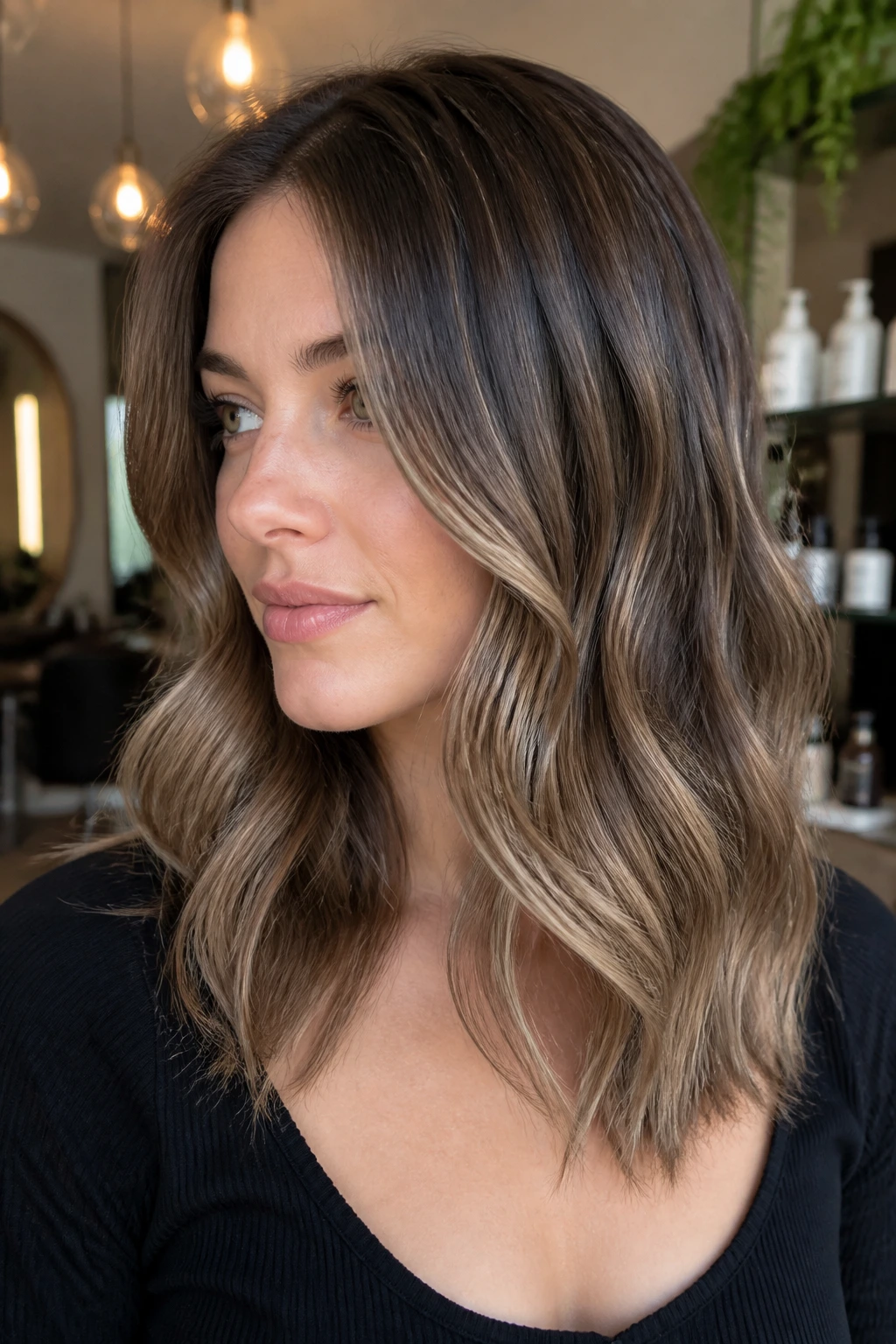 Portrait of woman with ash brown foilyage highlights on mid-lengths and ends in a sunlit salon