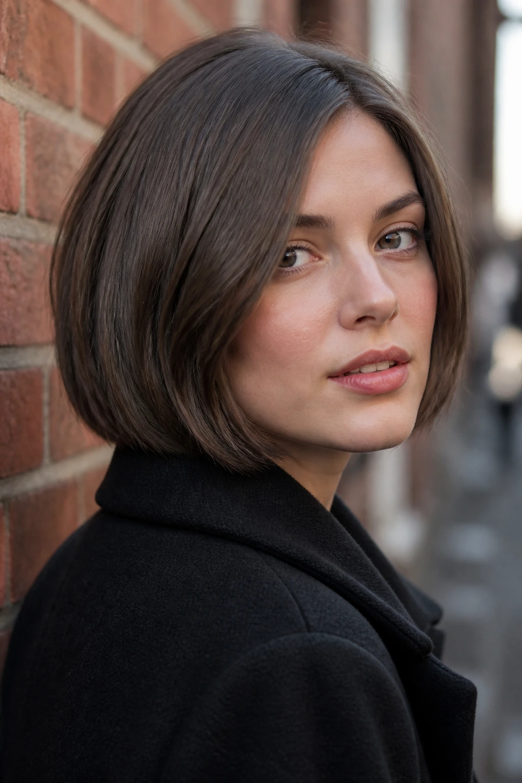 Portrait of woman with ash-brown French bob against brick wall