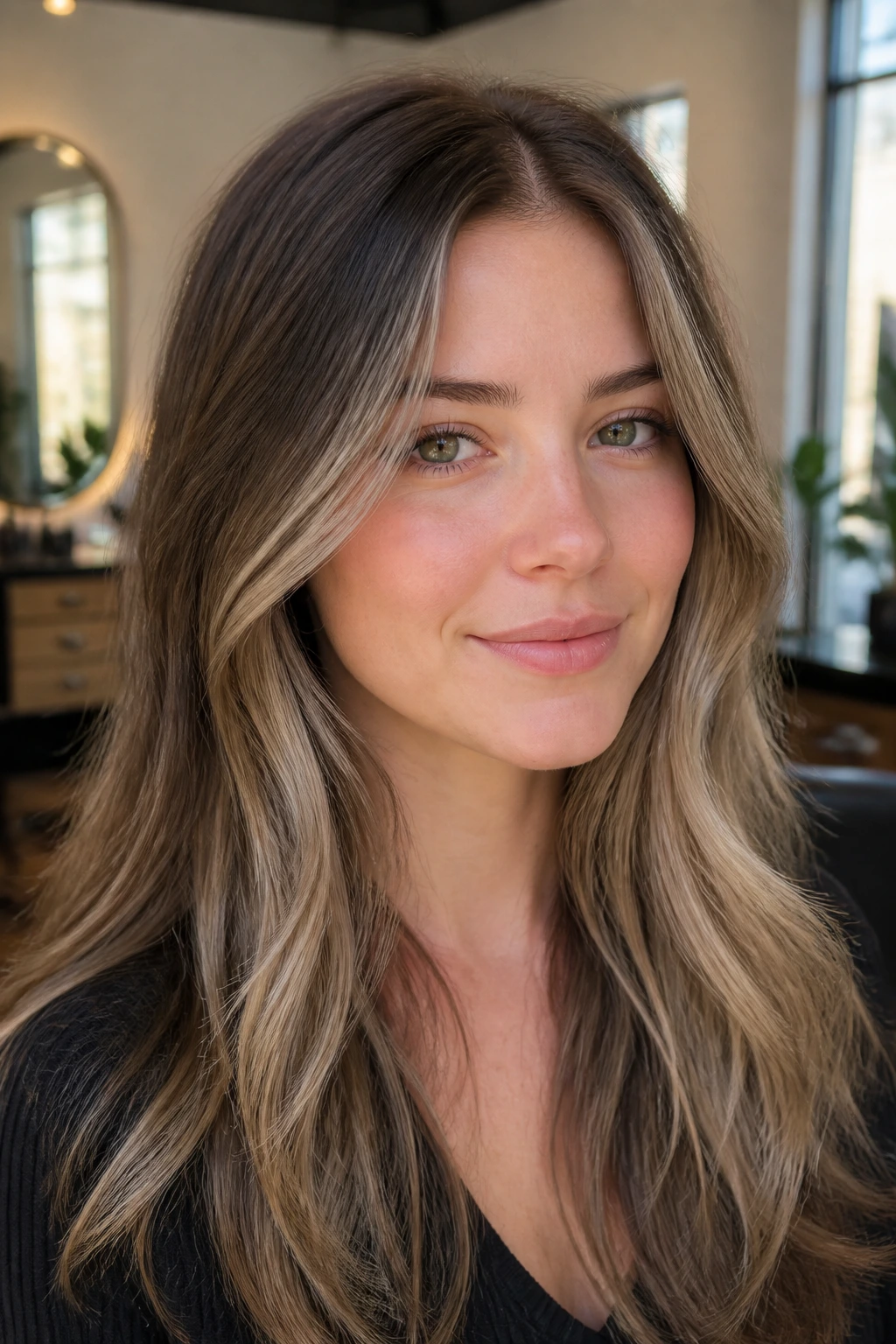 Close-up portrait of a real woman with ash brown front panels framing her face in a salon setting.