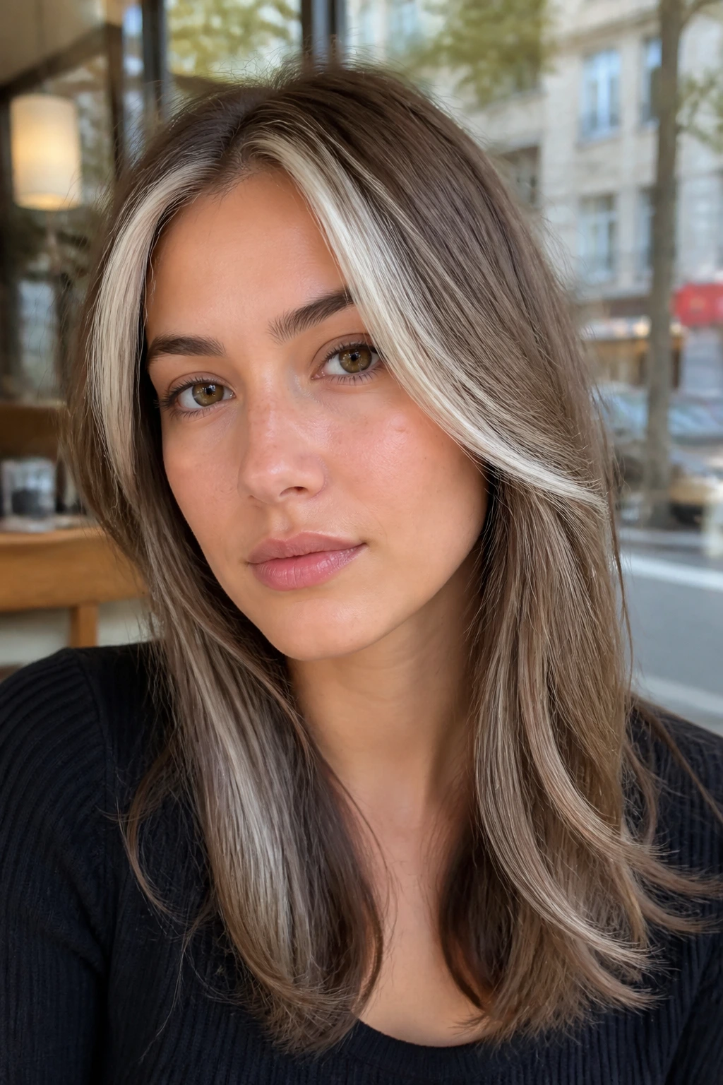 Close-up of ash brown hair with glacier blonde pieces on a real person.