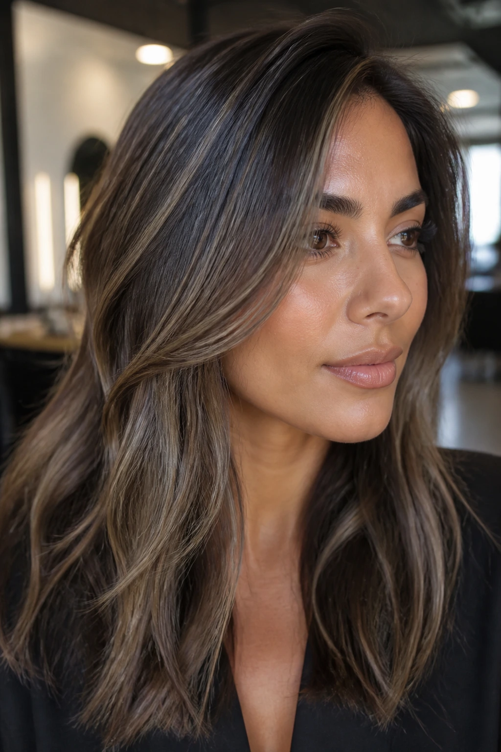 Close-up of a woman with ash brown babylights and glossy finish on tan skin