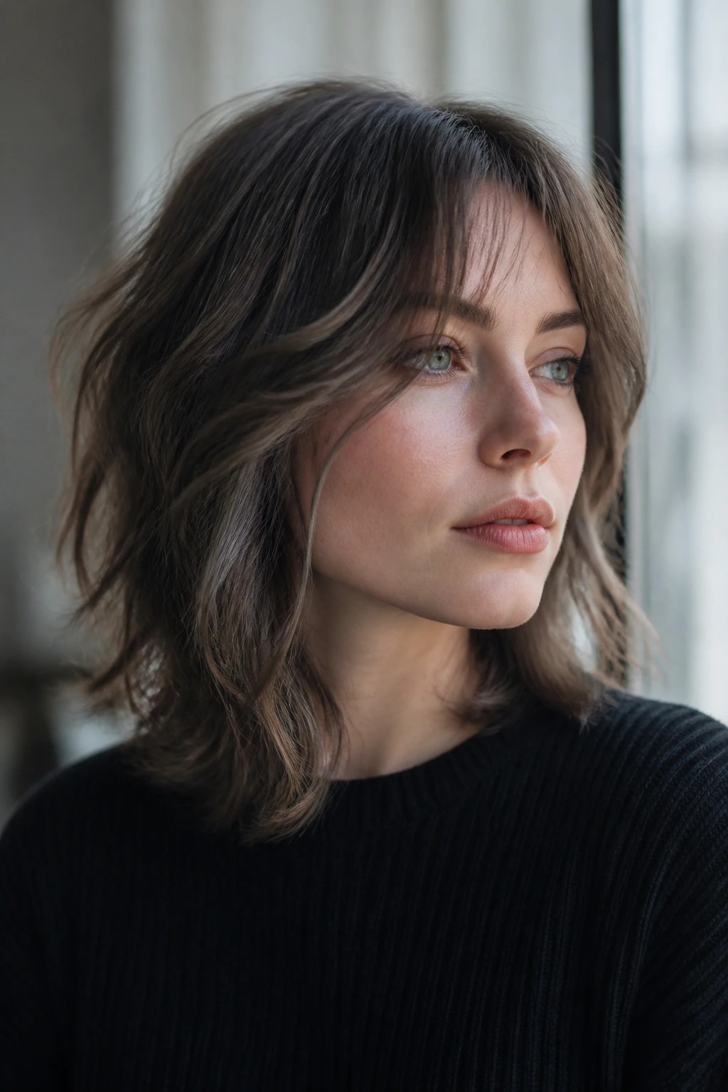 Portrait of a person with cool-toned ash brown hair in daylight