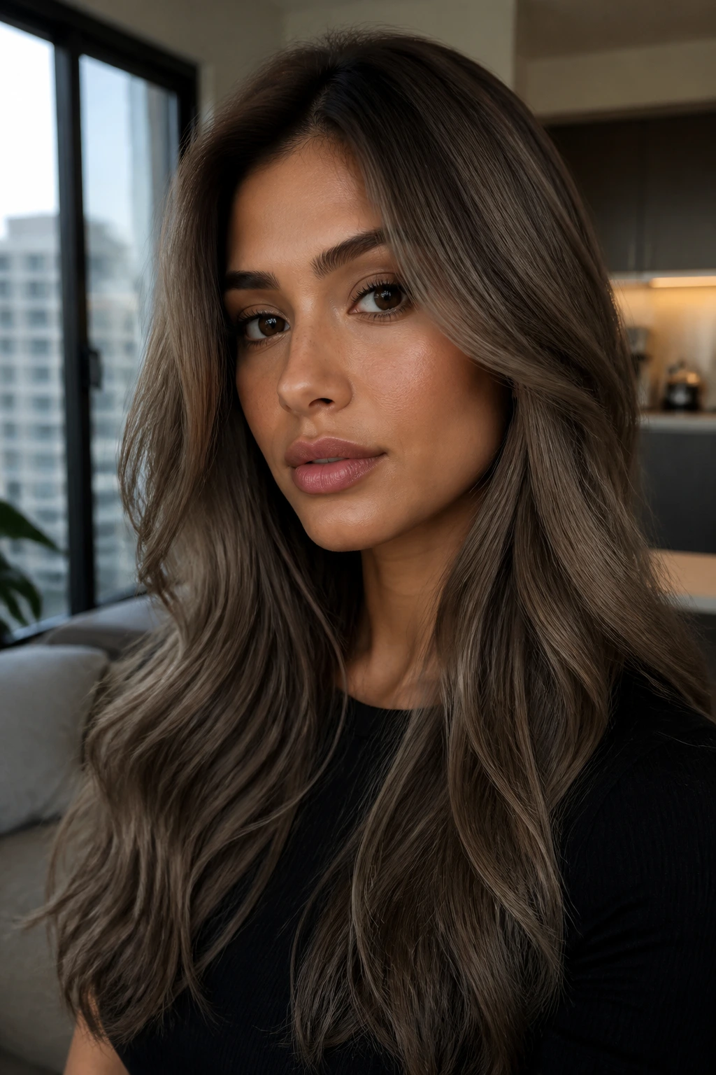 Ash brown hair with cool tones and dimensional depth on olive skin.