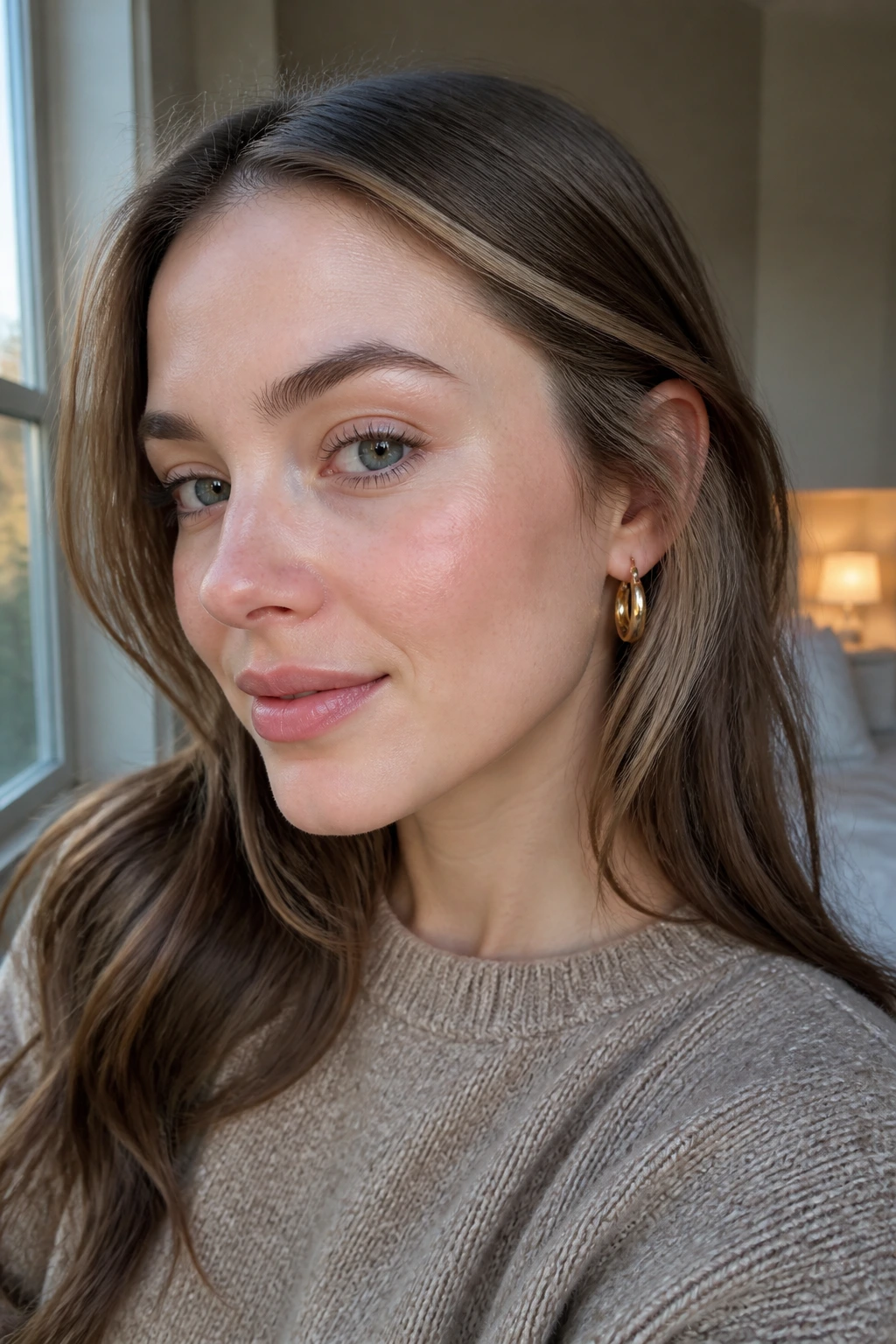 Close-up portrait of a real woman with ash brown tucked-behind-ear lights catching the light at the temple