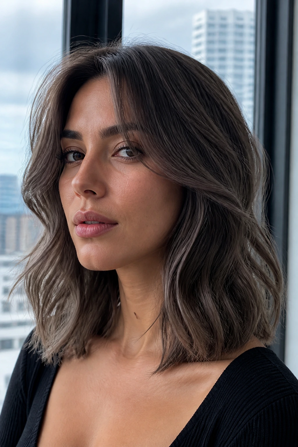Portrait of a real person with ash brown lob and cool dimensional layers, soft window light