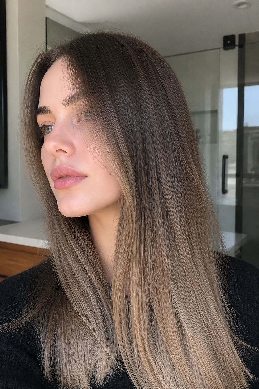 Close-up of a woman with ash brown melt gradient in cool-toned lighting