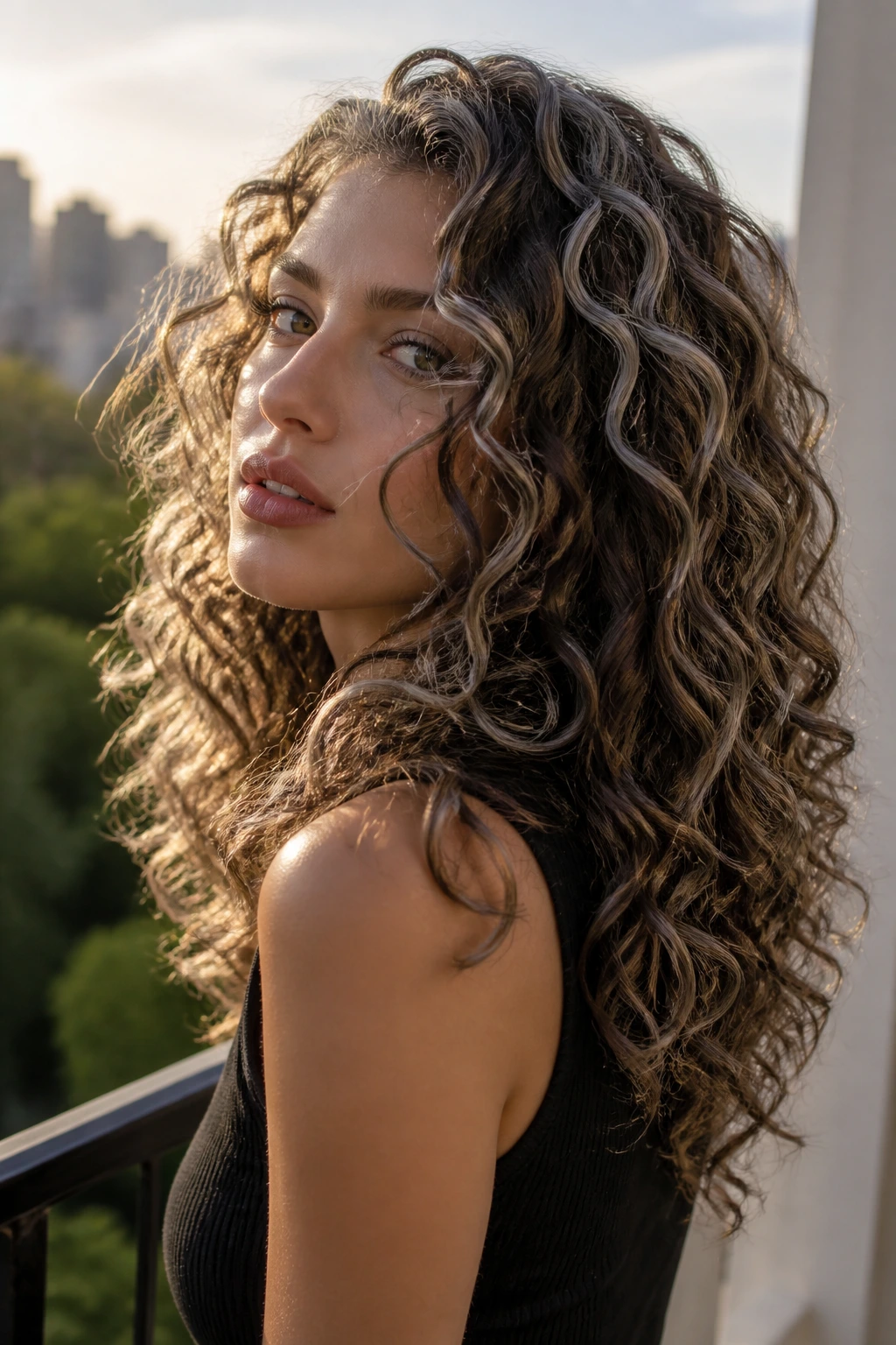 Close-up of ash brown hair with metallic veils catching light on curls