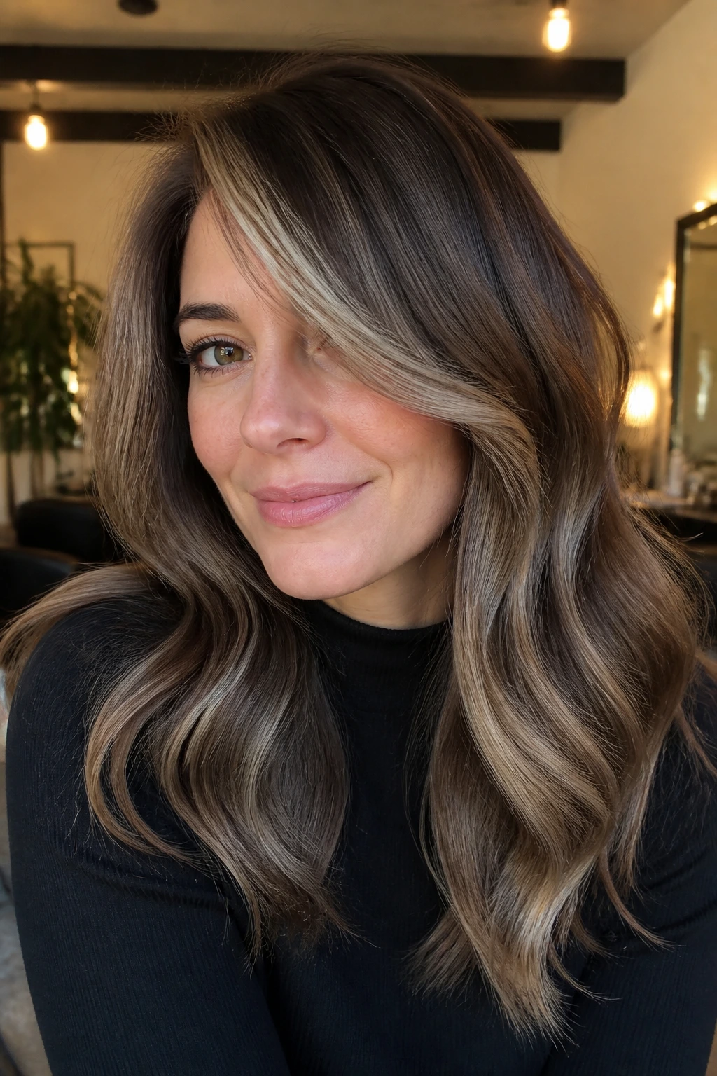 Close-up of a real woman with ash brown base and ash blonde money piece sweep around the face.