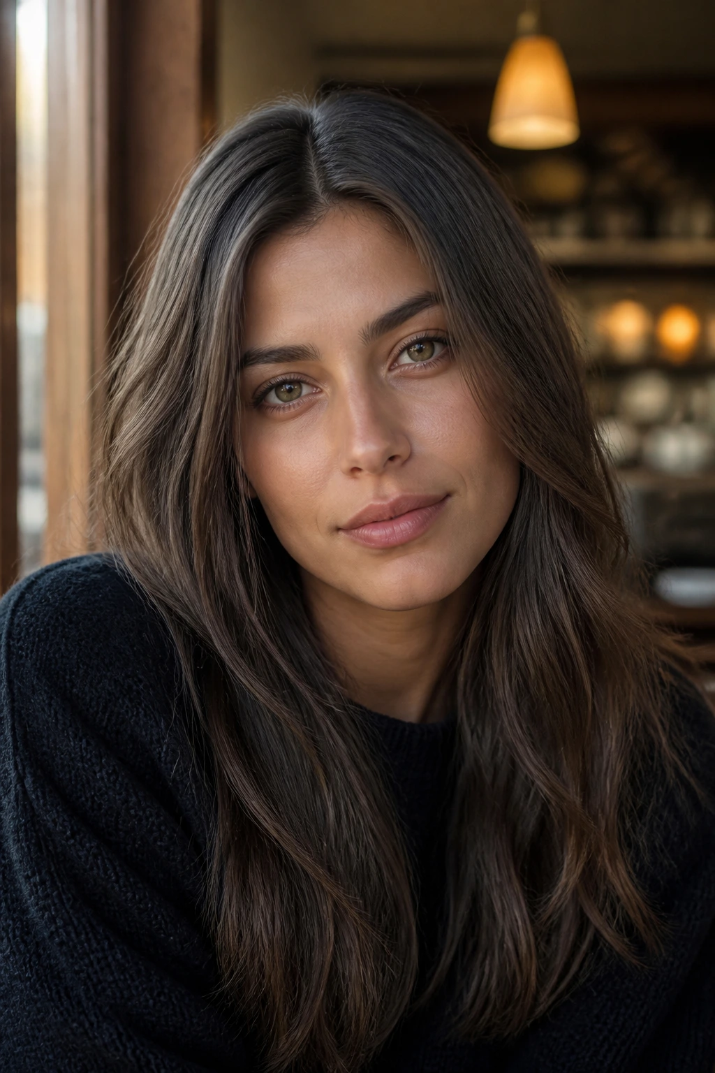 Close-up of olive-skinned woman with ash brown hair
