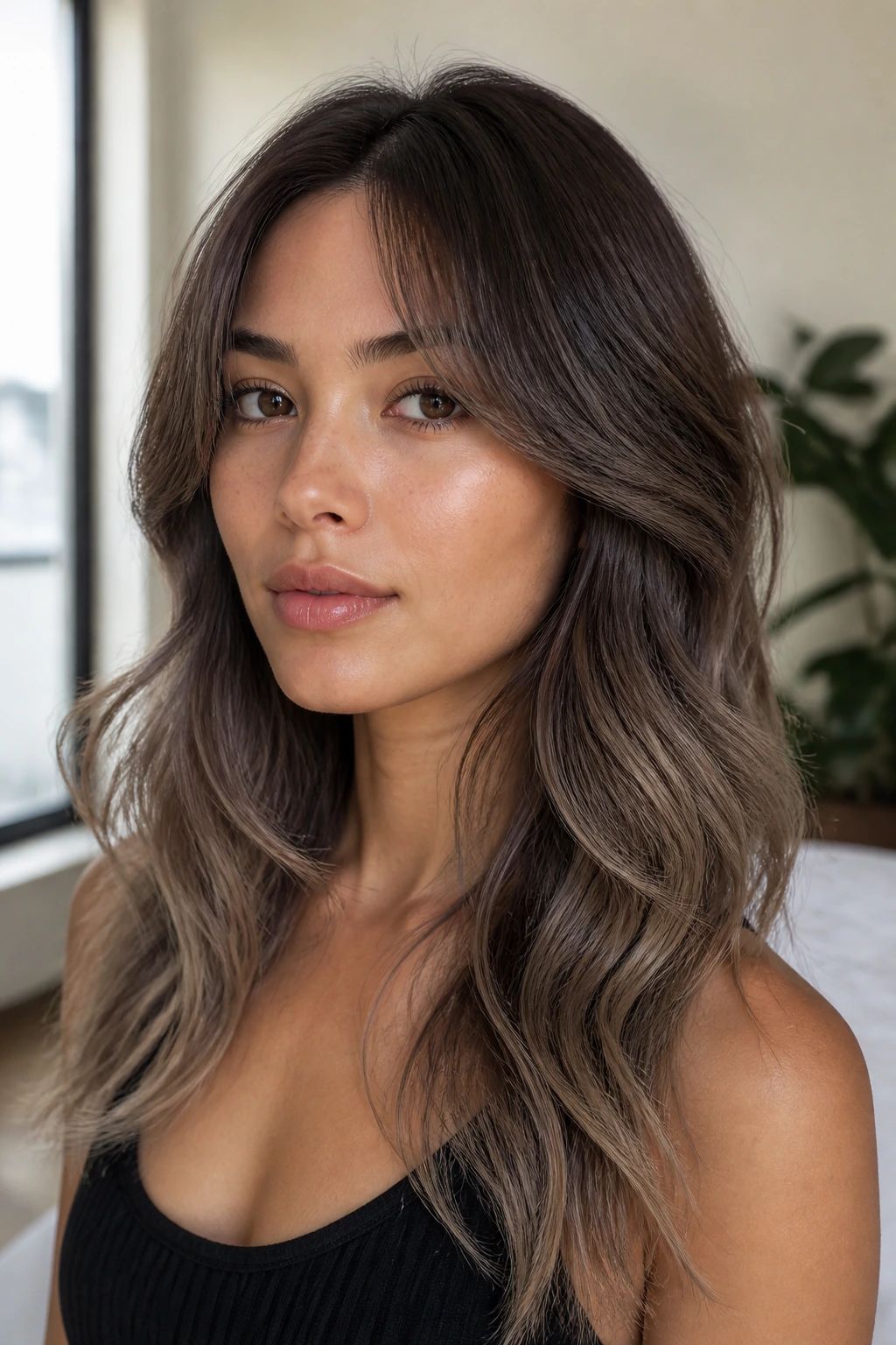 Close-up portrait of a real person with ash brown ombre and curtain bangs