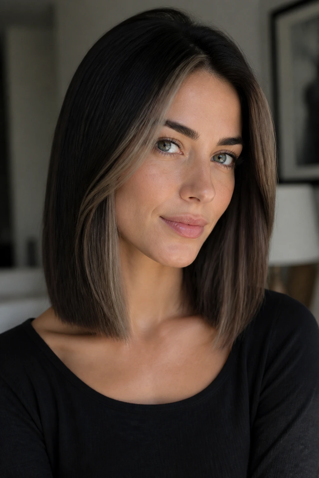 Close-up of a real woman with ash brown peekaboo frame