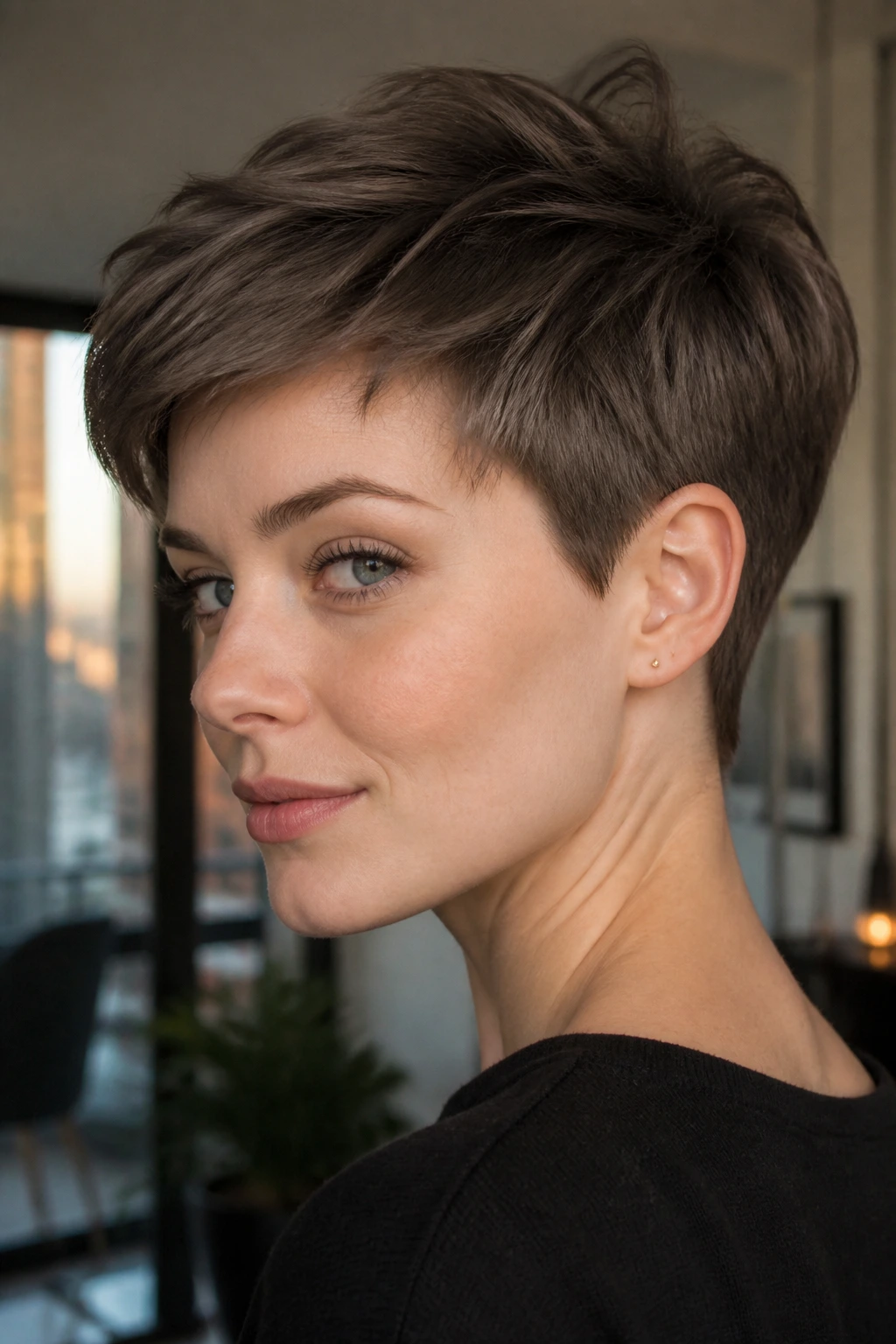 Portrait of a woman with an ash brown pixie and tapered nape