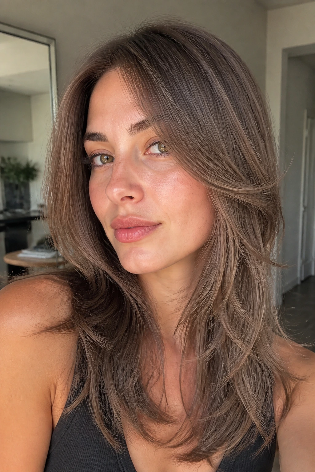 Close-up of a real woman with ash brown razor-soft layers