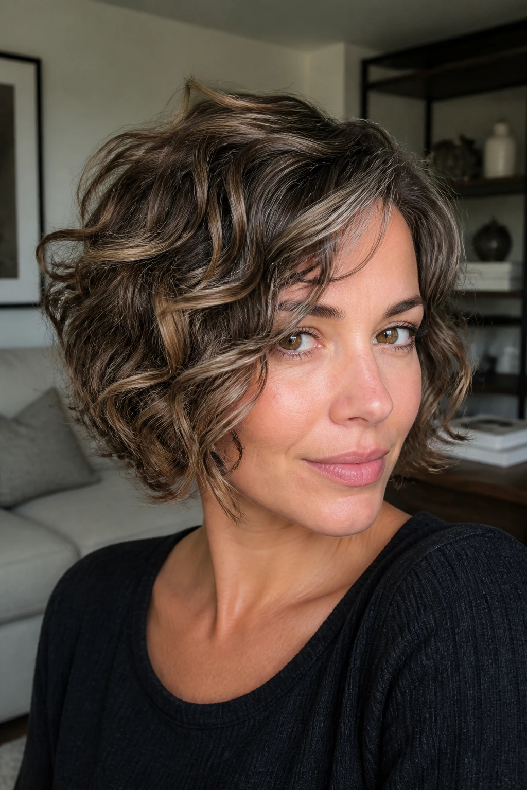 Close-up of brunette with ash brown ribbon highlights in top layer