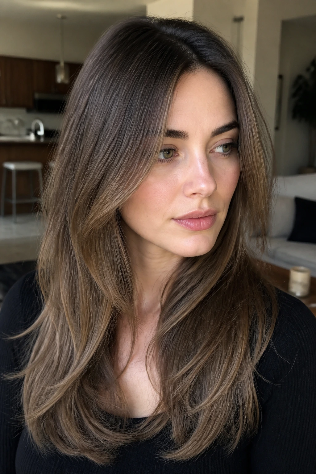 Long layered ash brown hair with a darker shadow root on fair skin.