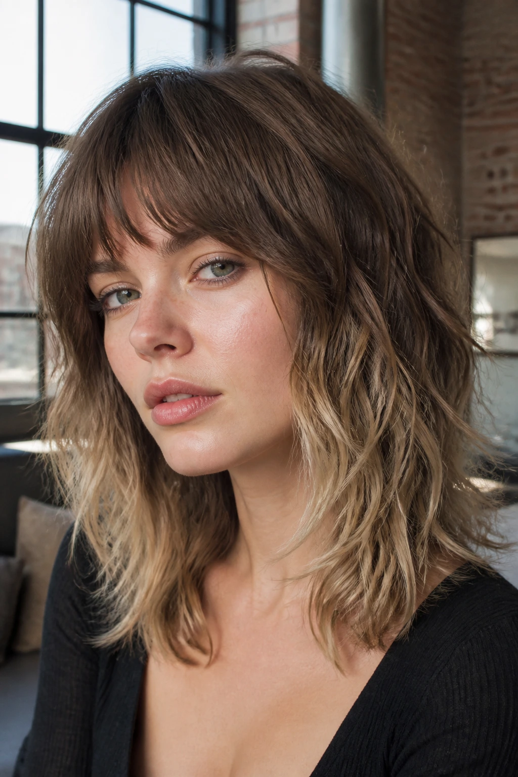 Close-up of ash brown shag with sandy blonde ends