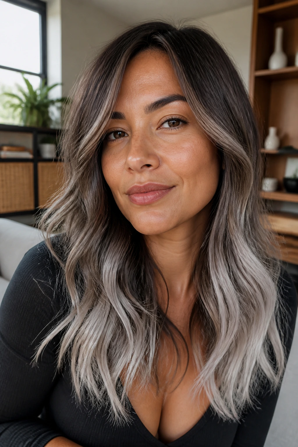 Close-up of a real person with ash brown hair and silver ends