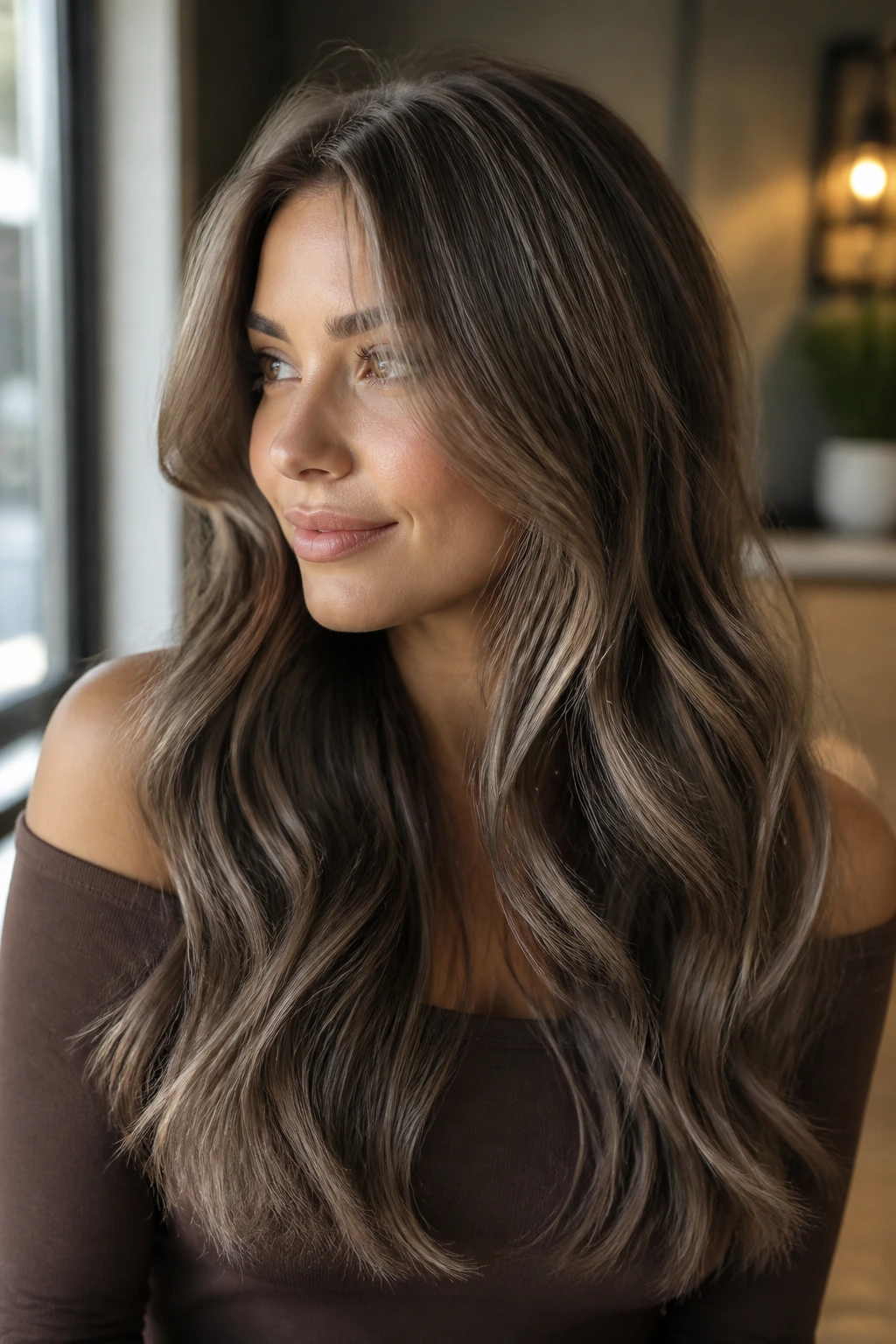 Woman with ash brown hair styled in loose waves under natural light