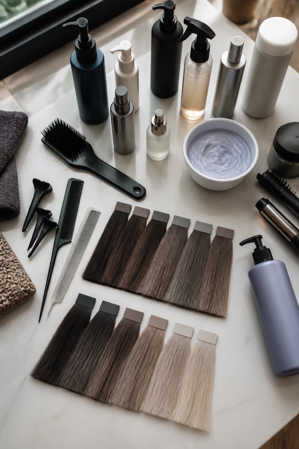 Unlabeled ash brown color tools and swatches arranged on a light surface