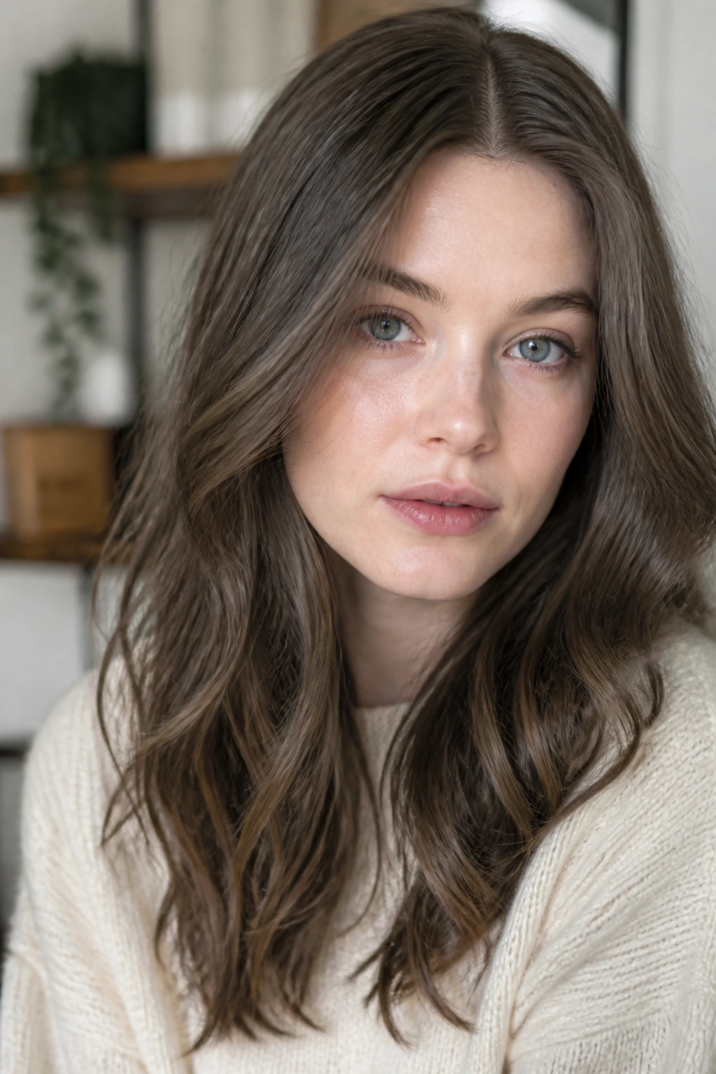 Close-up portrait with ash brown hair and pale undertone skin