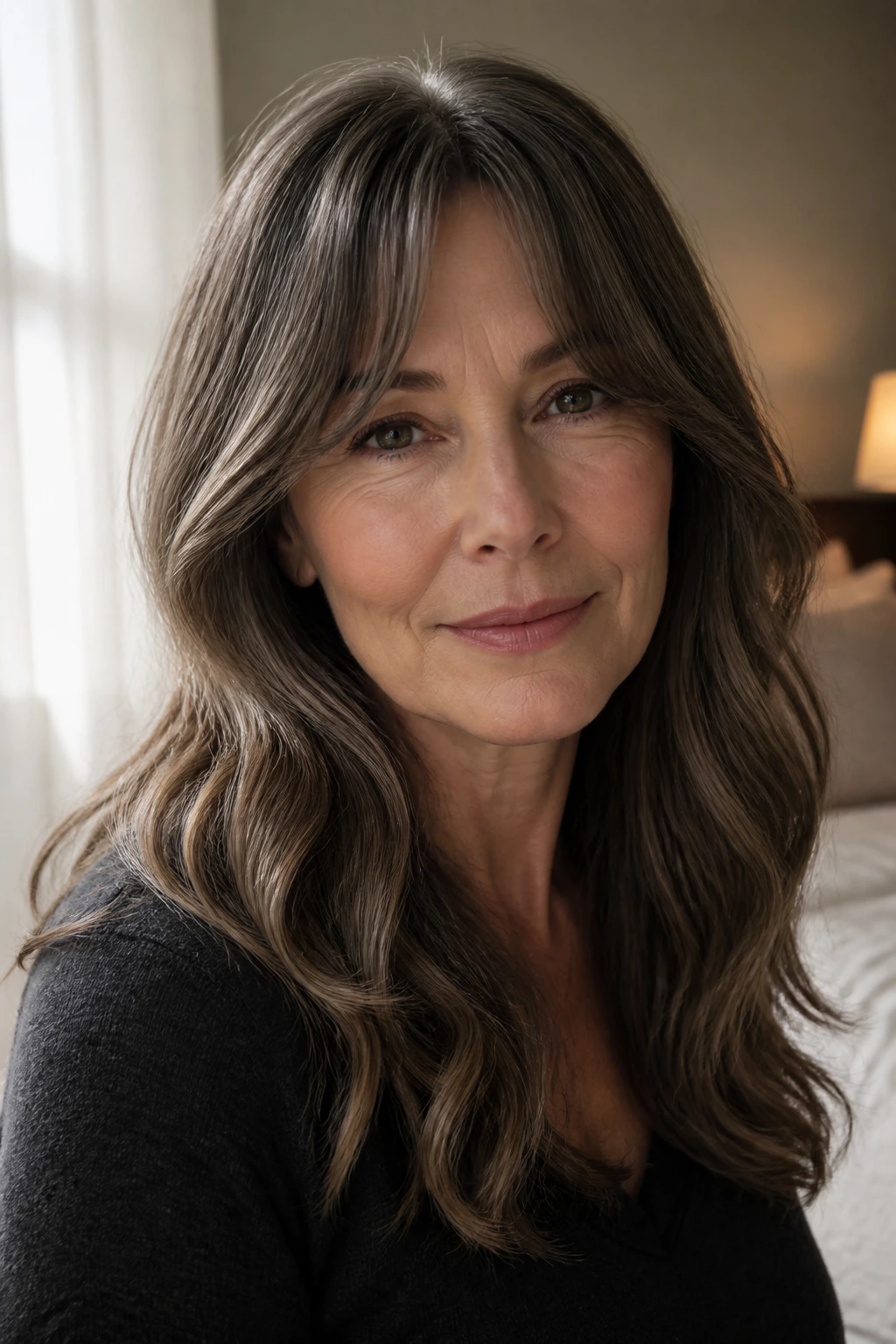 Close-up portrait of a real woman with cool ash brunette hair and a soft bend, curtain bangs, natural window light.