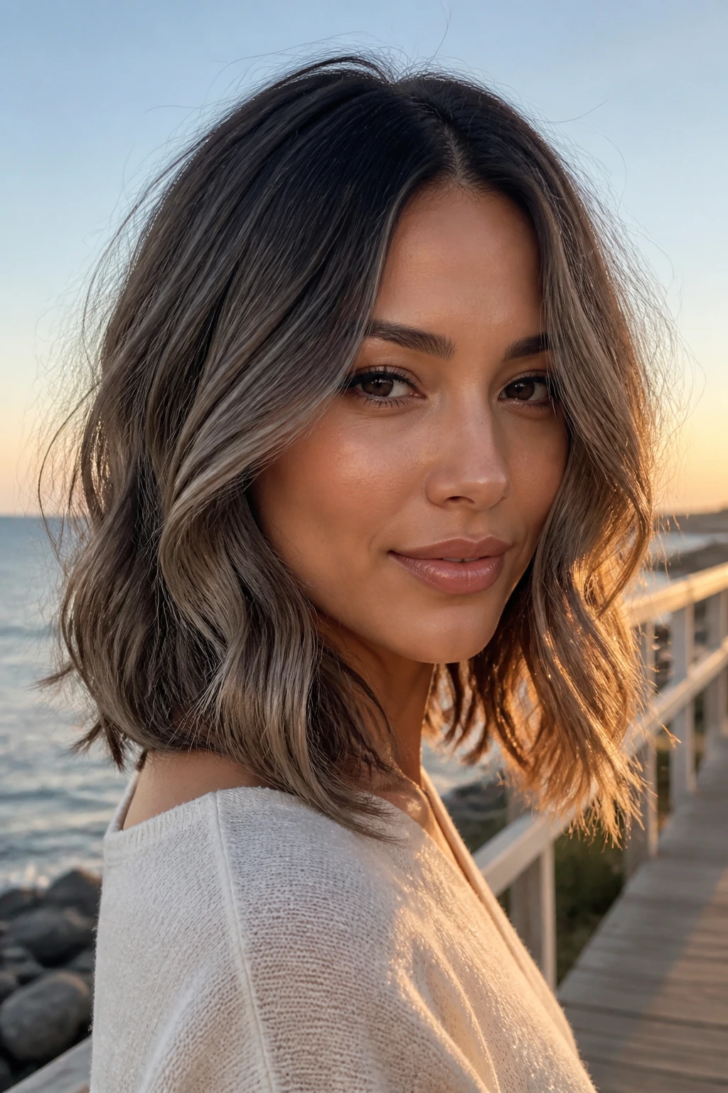 Close-up portrait of a real woman with ash brown wavy lob