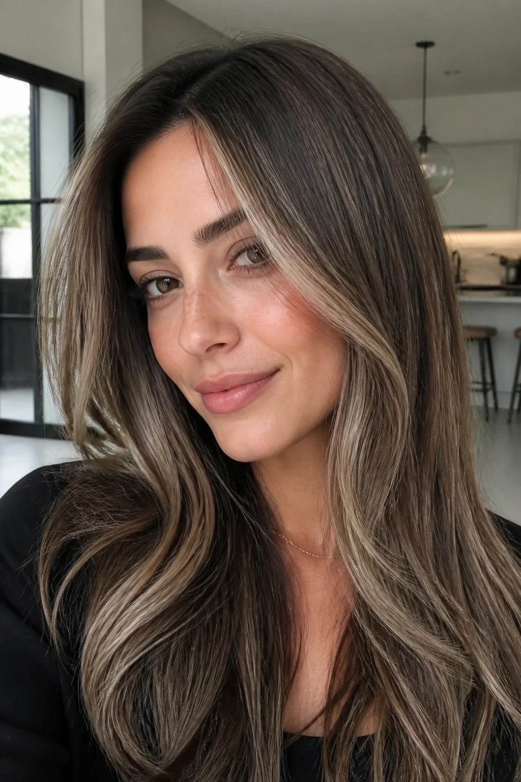 Close-up portrait of a real woman with cool ash brunette and champagne highlights.