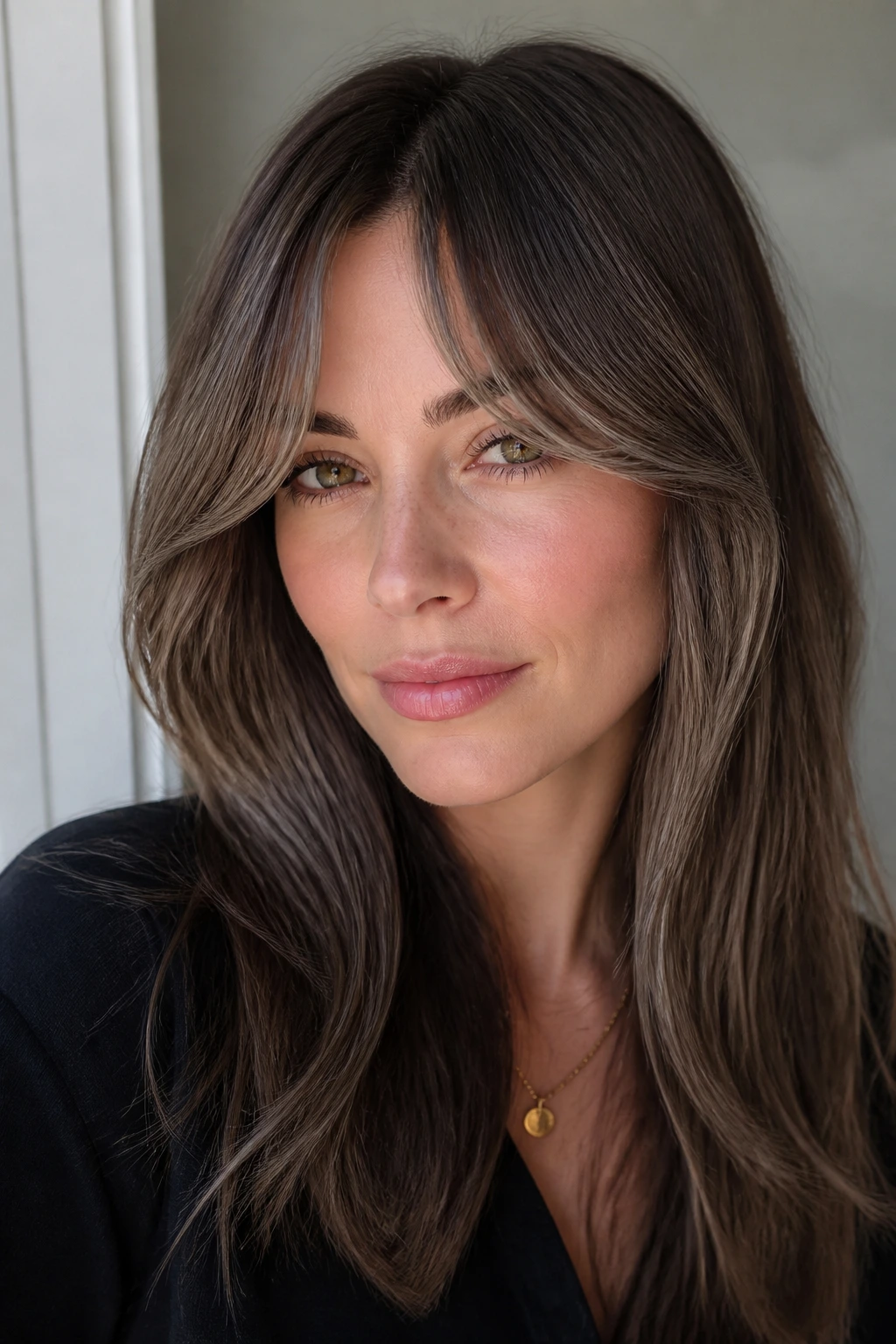 Close-up of a real person's curtain bangs with ashy brunette contour for balanced framing