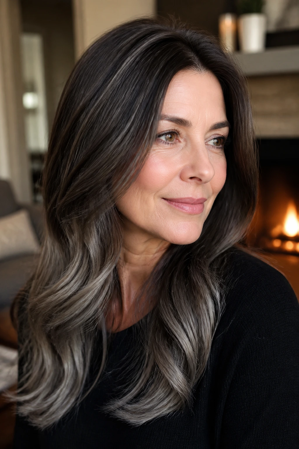 Close-up of a real woman with ash brunette and cool ends with silver strands.