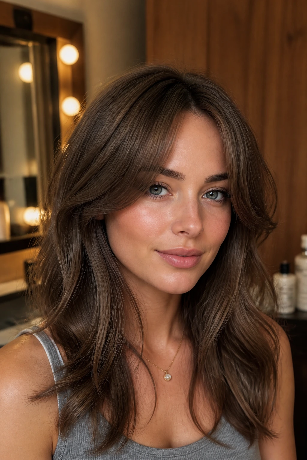 Close-up portrait of a real woman with ash brunette and curtain bangs