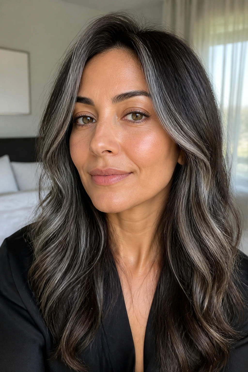 Close-up portrait of ash brunette with gray ribbons on olive skin in a soft-lit bedroom.