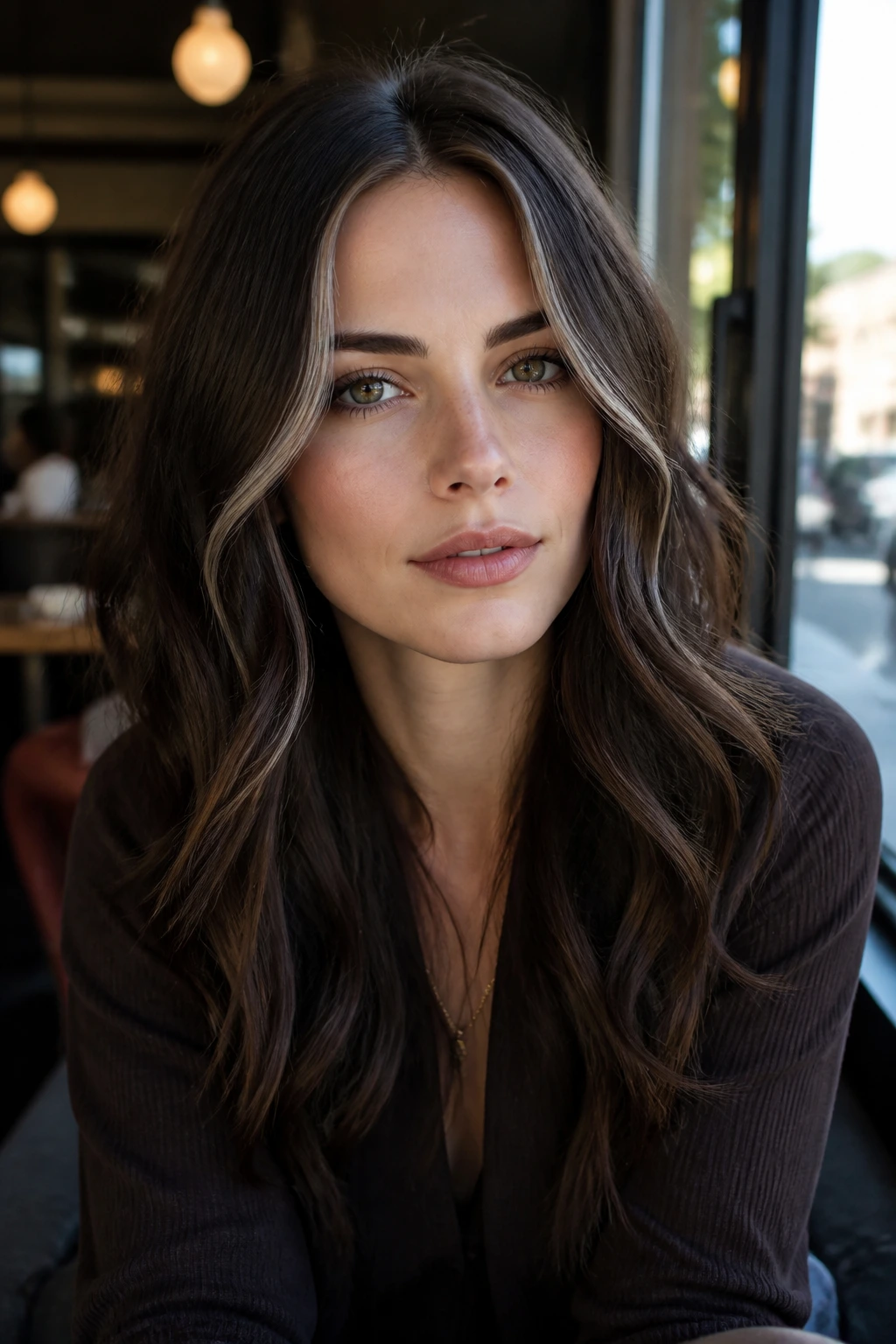 Portrait of a real woman with ash brunette base and narrow money pieces around the temples, cool-toned look.