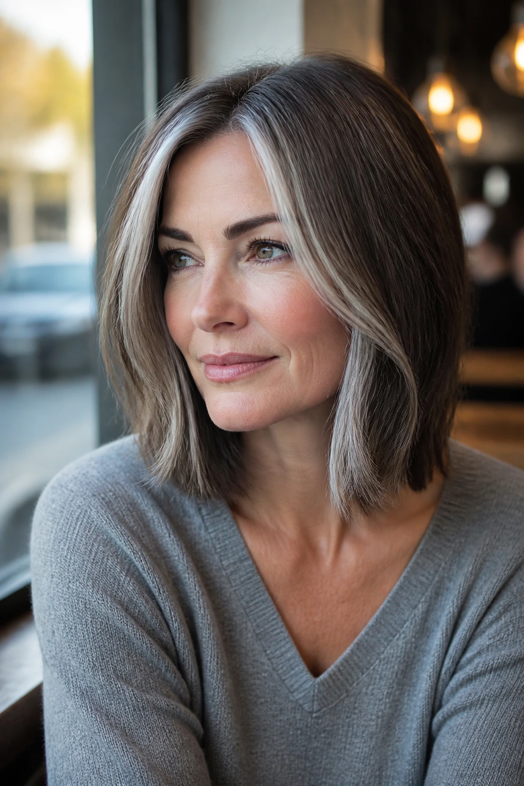 Portrait of a real person with ash brunette lob and pearl face-framing pieces